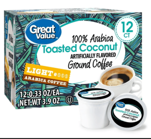 Great Value 100% Arabica Toasted Coconut, Light Roast, Coffee Pods, 12 Count
