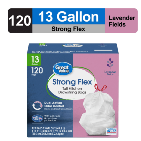 Great Value Strong Flex 13-Gallon Drawstring Tall Kitchen Trash Bags, Lavender Fields, 120 Bags